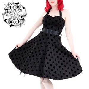 Hearts & Roses London Black Velvet Flocked Polka Dot Halter Pinup Swing Dress 12